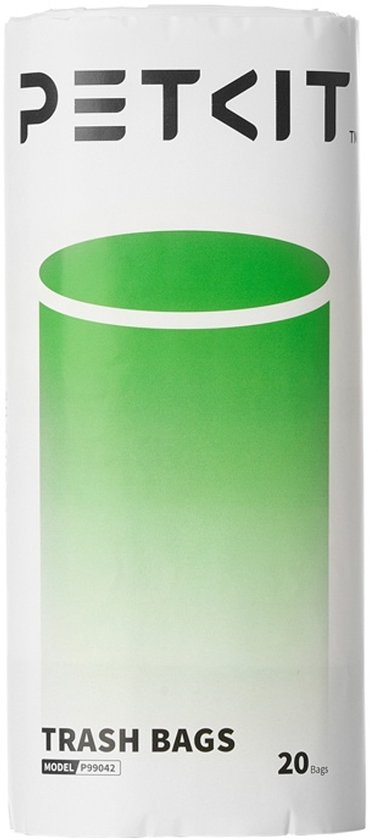 Een rol PETKIT vuilniszakken met groene gradiënt cirkel en logo, text "TRASH BAGS 20 bags".