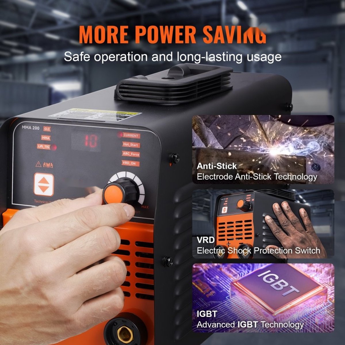 Elektrodelasapparaat - MMA ARC/Lift TIG 2-in-1 - Lasstroom 160 A - Netspanning 220 V - Groot LED-display - Veiligheidsfuncties: Hot Start, Arc Force, Anti-Stick, VRD - Draagbaar
