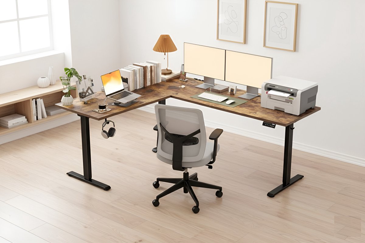 Elektrisch In Hoogte Verstelbaar L-Vormig Bureau 190x155 cm – Ergonomisch Sta-Zit Hoekbureau met Geheugenfunctie, Anti-Botsing & Stil Motorsysteem – Industrieel Design in Bruin Hout – HomeByNicole