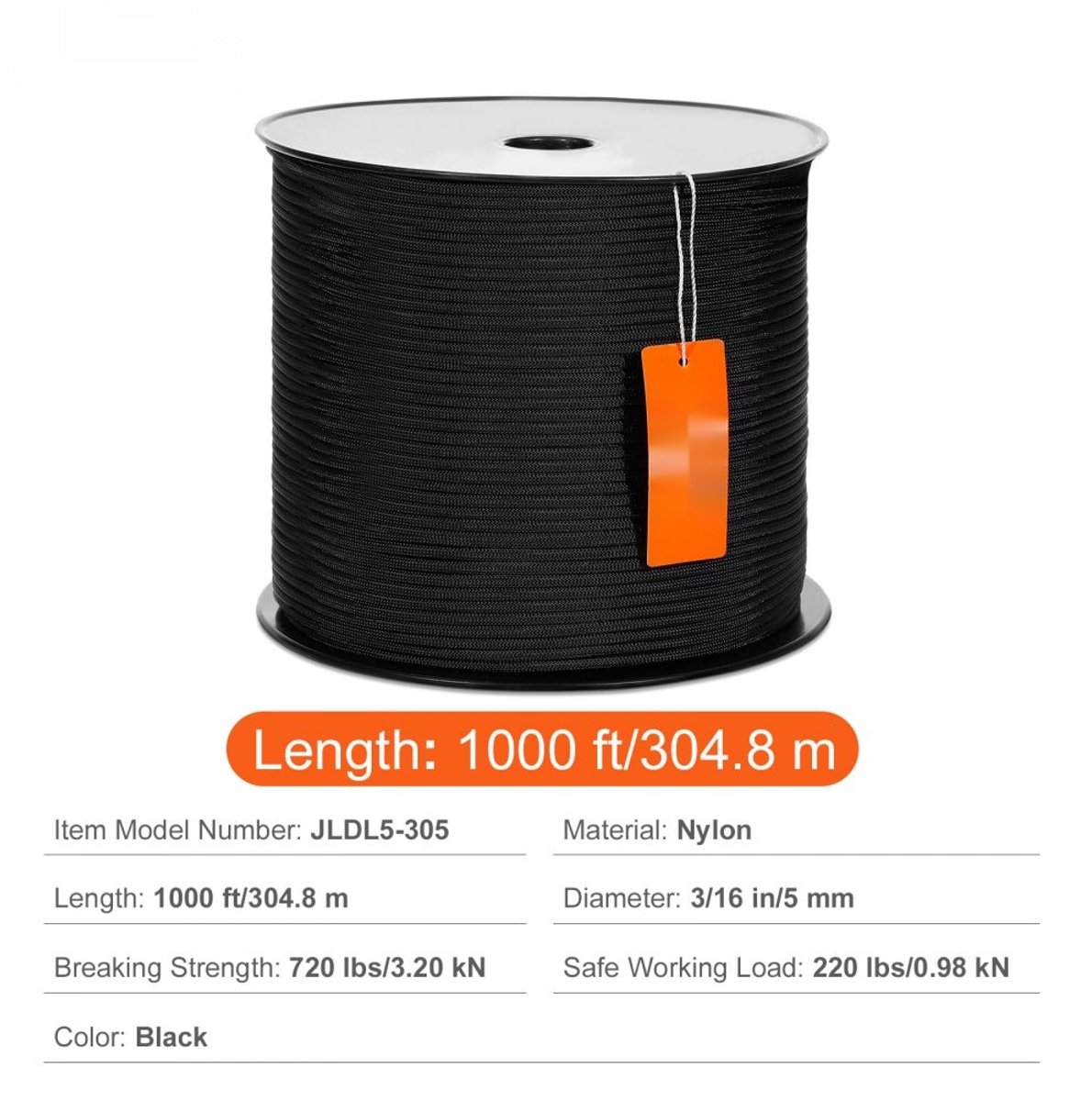 Gevlochten nylon touw - Klimtouw - Diameter 0,48 cm - Lengte 305 m - 32-strengs - Breeksterkte 327 kg - Voor boomverzorging, rotsklimmen, abseilen, redding, schommelen, kamperen