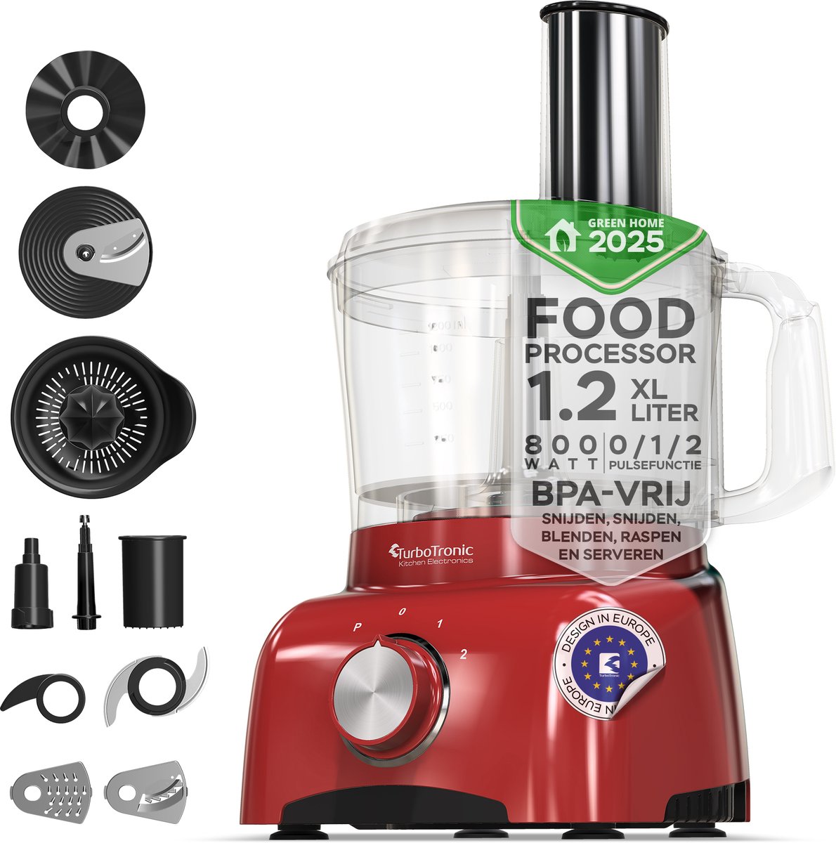 TurboTronic FP800 Foodprocessor - Keukenmachine - 1.2 Liter - Rood