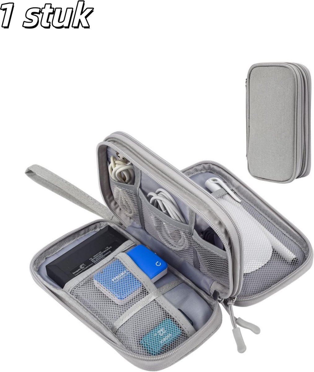 1 stuk - Tassen - Tasorganizers - Kabelorganizer voor op reis - Geschikt voor het opbergen van datakabels, opladers, mobiele telefoons, enz. - Groot, dubbellaags - Grijs