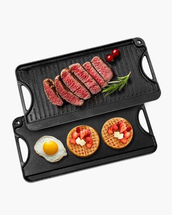 Gietijzeren omkeerbare grillplaat - Dubbelzijdige grillpan - Rechthoekig 49,2 x 21,8 cm - Ribbel- en vlakke zijde - Met handvat - Voor fornuis en barbecue - Zwart