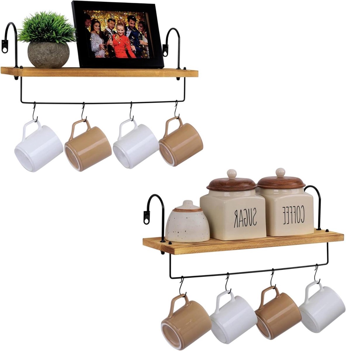 EGoods - Keuken wandplank set van 2 met handdoekenrek - Decoratief wandrek met rail, S-haken - Muurplank voor keuken - Houten keukenrek - Opbergplank.