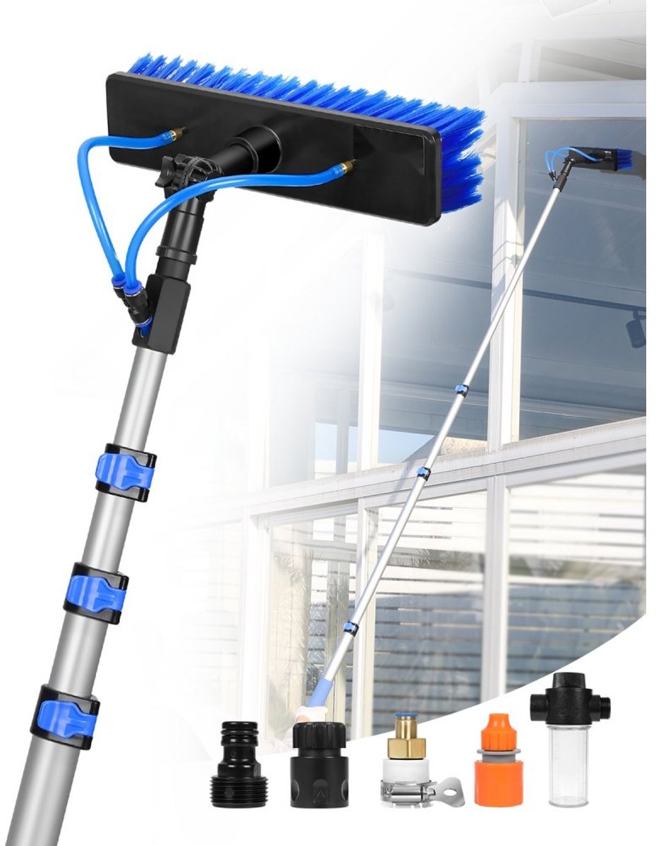 Telescopische wasborstel - Reinigingsborstel met waterdoorvoer - Uitschuifbare steel 3,6 m - Draaibare borstelkop 180° - Slang 20 m - Voor auto, caravan, ramen, zonnepanelen