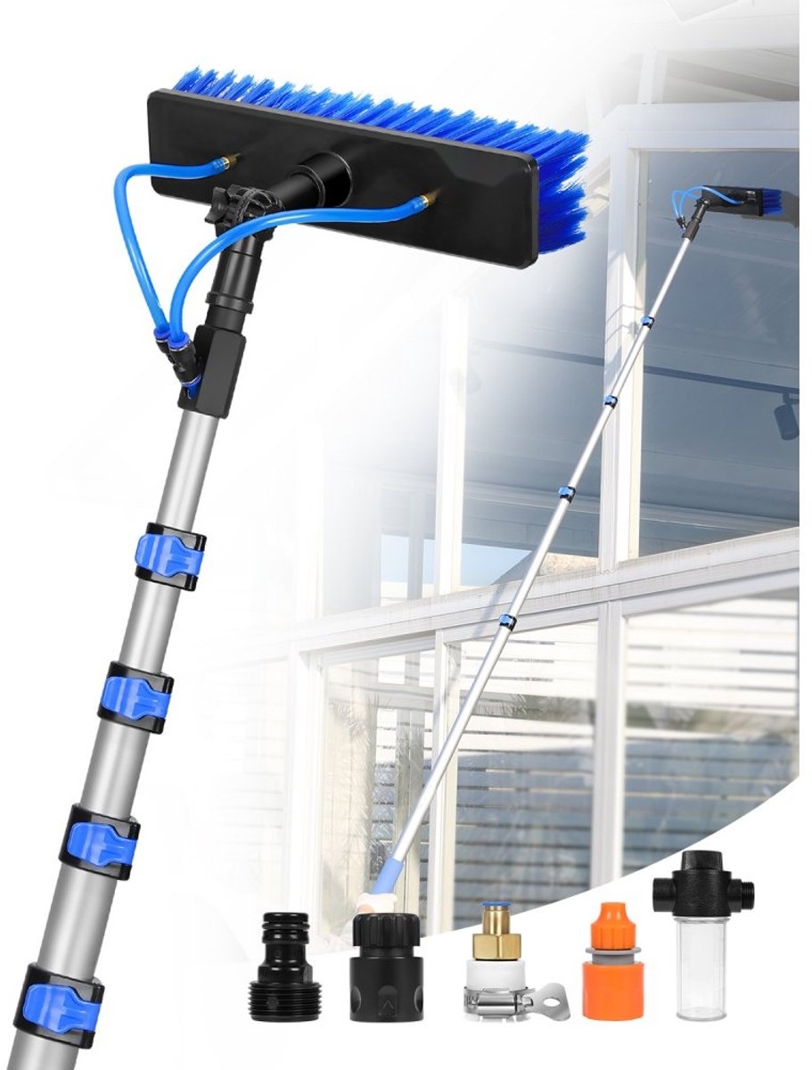 Telescopische wasborstel - Reinigingsset - Telescoopsteel 9 m - 180° Draaibare borstelkop - Slang 20 m - Waterdoorvoer - Voor ramen, caravans en zonnepanelen
