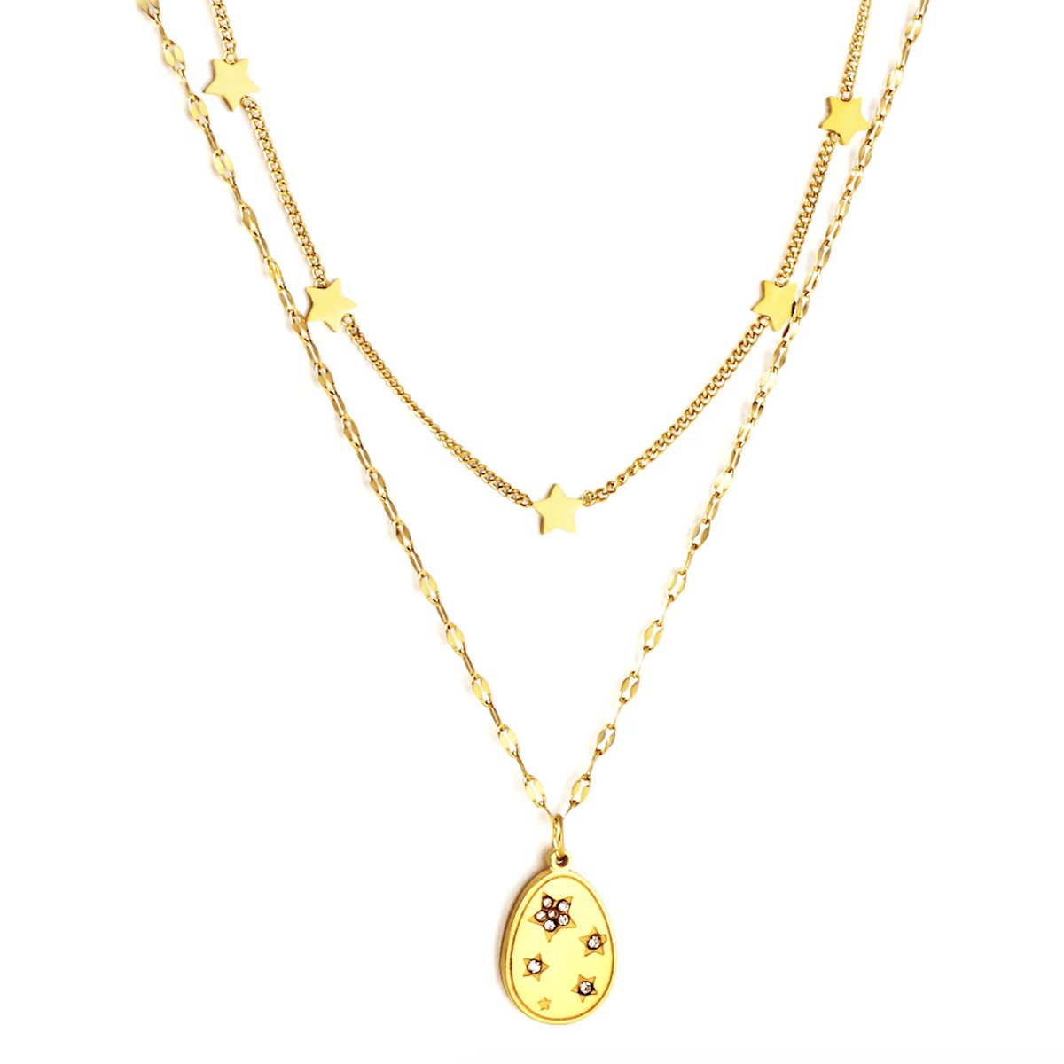 Planet Pink - Ketting gelaagd sterretjes en diamanten hanger goud - Stainless Steel - Roestvrij Staal rvs - Waterproof