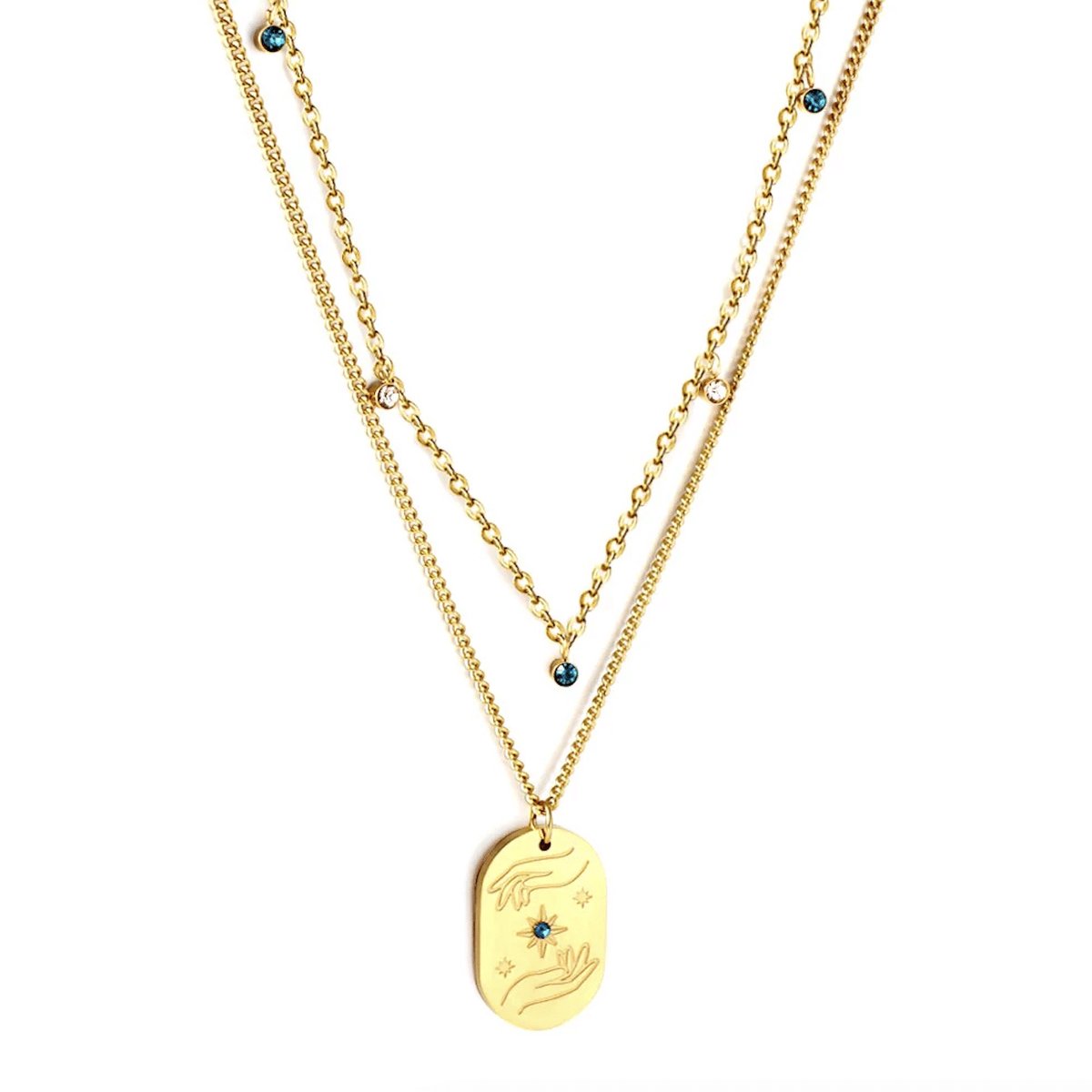 Planet Pink - Ketting gelaagd diamanten en hanger handen goud - Stainless Steel - Roestvrij Staal rvs - Waterproof