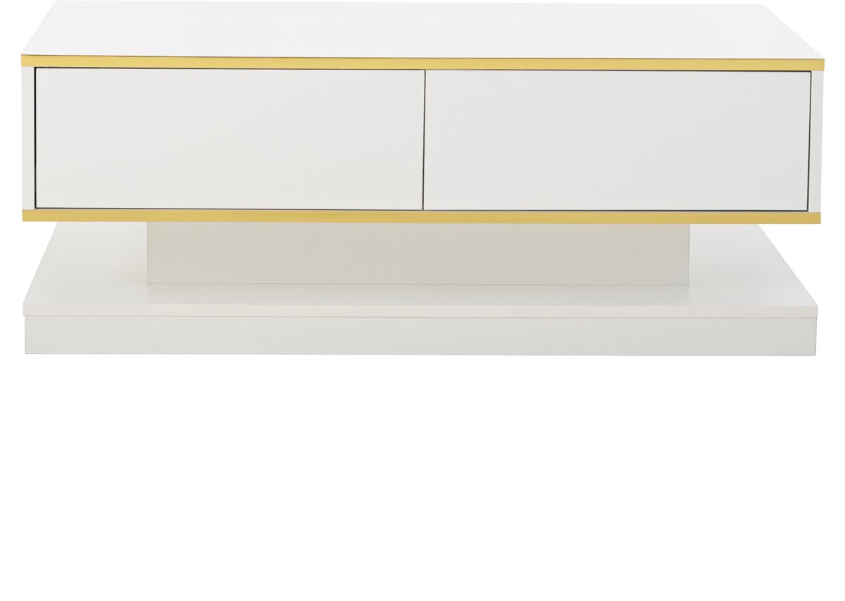 MODFU Hoogglans salontafel 100x50x38 cm met 2 grote lades, warm-wit en goudkleurige rand — ingesnoerd midden, breder boven- en onderblad