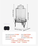 Afmetingen van transparante glazen drankdispenser met tekstuele specificaties, inclusief een chromen kraan en zwarte metalen standaard.