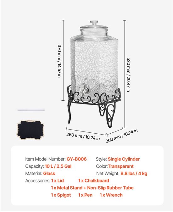 Afmetingen van transparante glazen drankdispenser met tekstuele specificaties, inclusief een chromen kraan en zwarte metalen standaard.