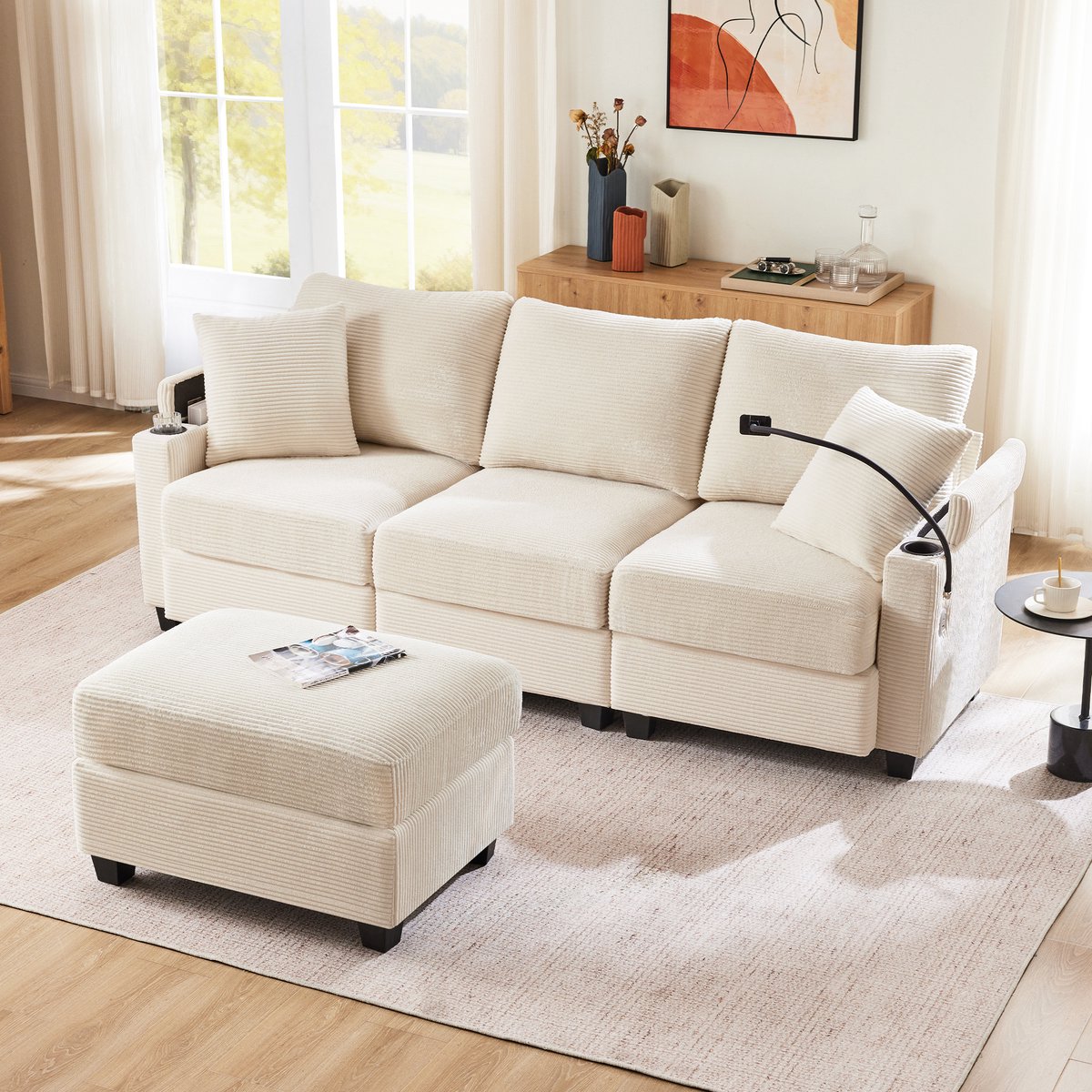 OKWISH Hoekbank 213x139 cm - 3-Zits L-Vorm Sofa Met Opbergruimte - USB Aansluiting - Hout - Beige