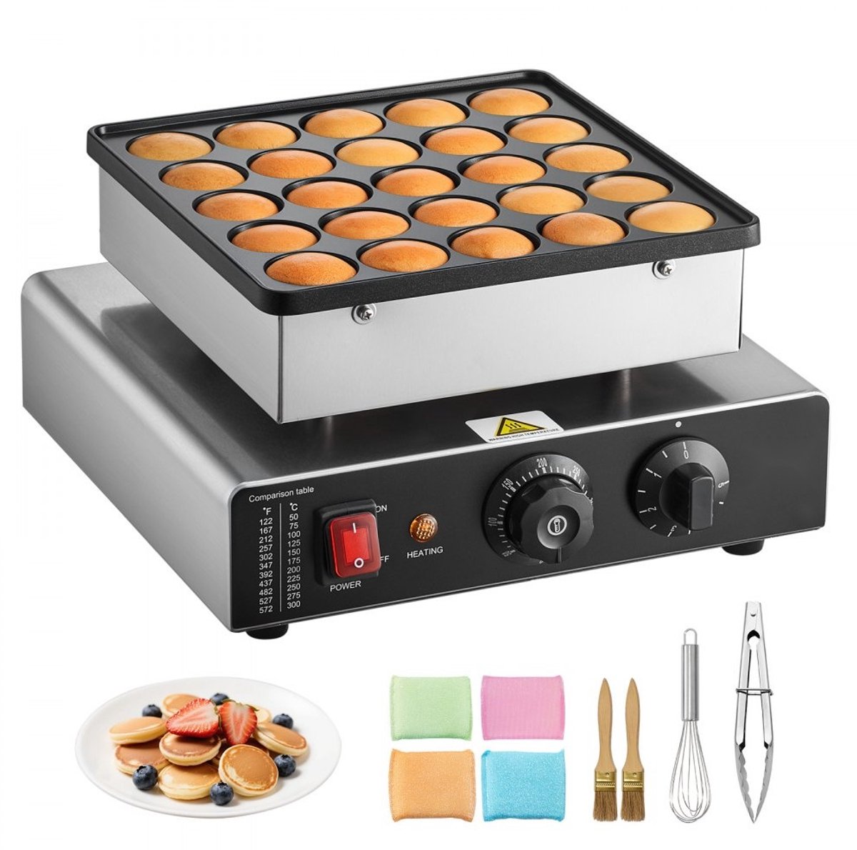 Poffertjesmaker - Elektrische poffertjesgrill en mini pannenkoekenmaker - Ø 4,3 cm holtes - Antiaanbaklaag - RVS-behuizing - Voor thuis en horeca