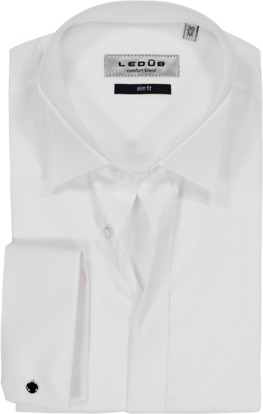 Ledub slim fit smoking overhemd - dubbele manchet en wing kraag - wit - Strijkvriendelijk - Boordmaat: 45