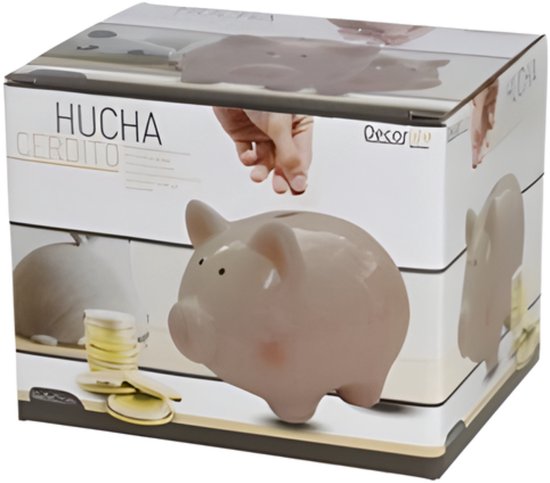 Verpakking van een roze spaarvarken van keramiek, "Hucha Cerdito" staat erop.