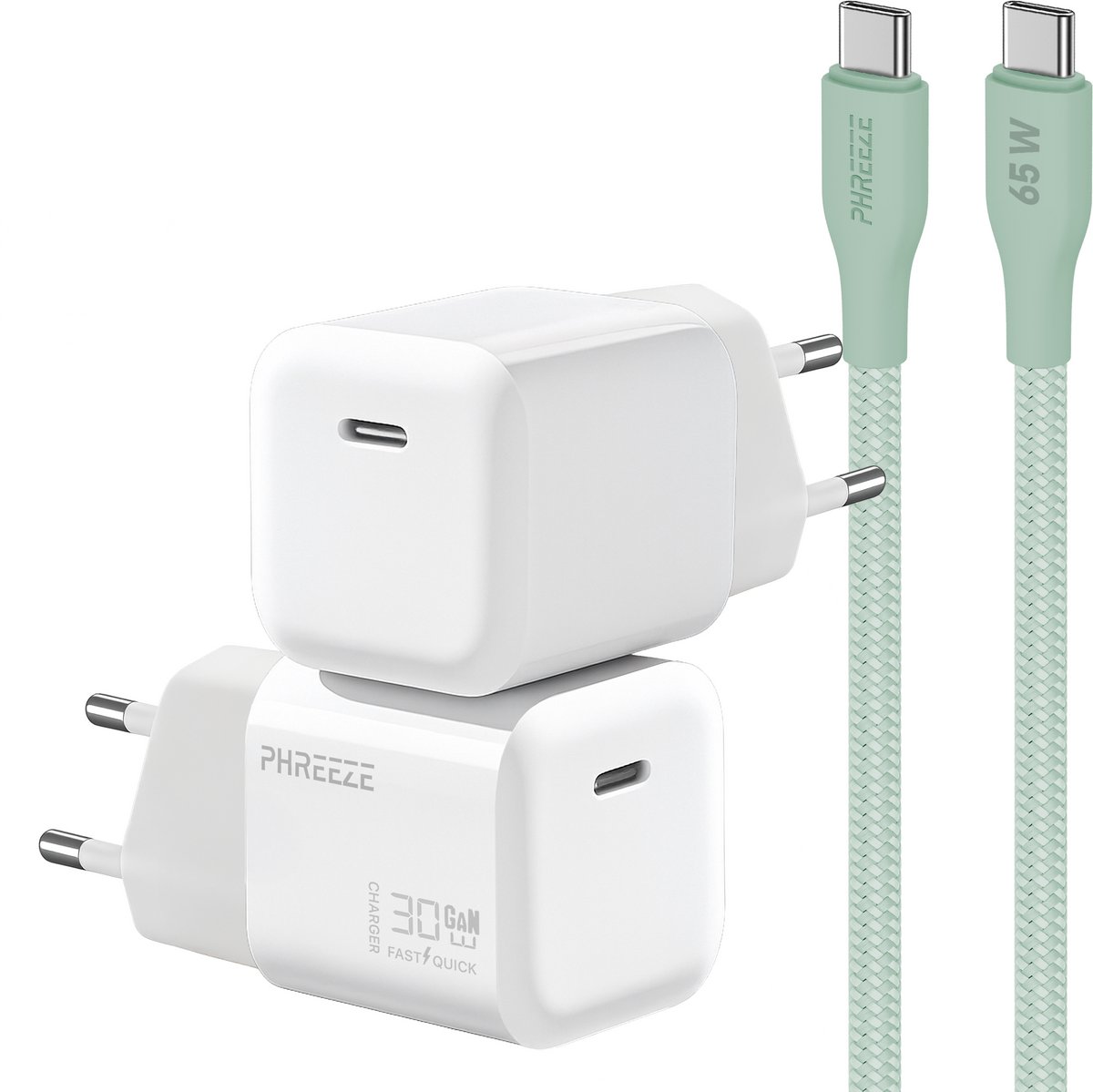 Power Delivery oplader met 30w usb C poort met usb C kabel 1m groen