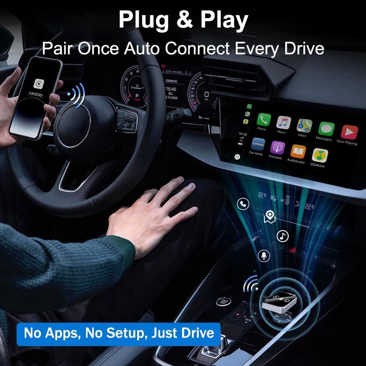 CarPlay Draadloze Adapter voor iOS - USB, USB-C - Wit CarPlay Draadloze Adapter voor iOS - USB, USB-C - Wit