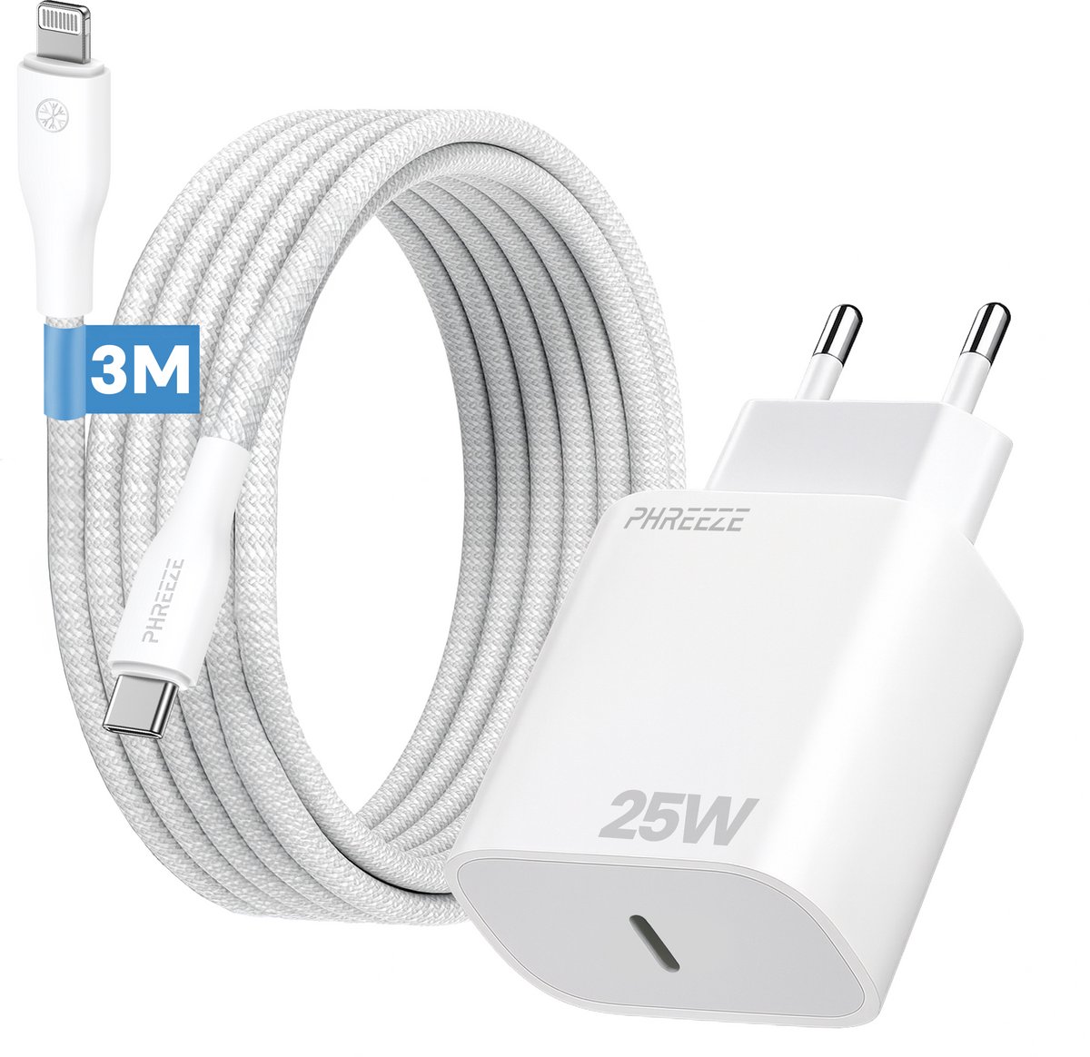 Phreeze usb C snellader 25w met kabel geschikt voor iPhone en iPad Lightning - 3 meter