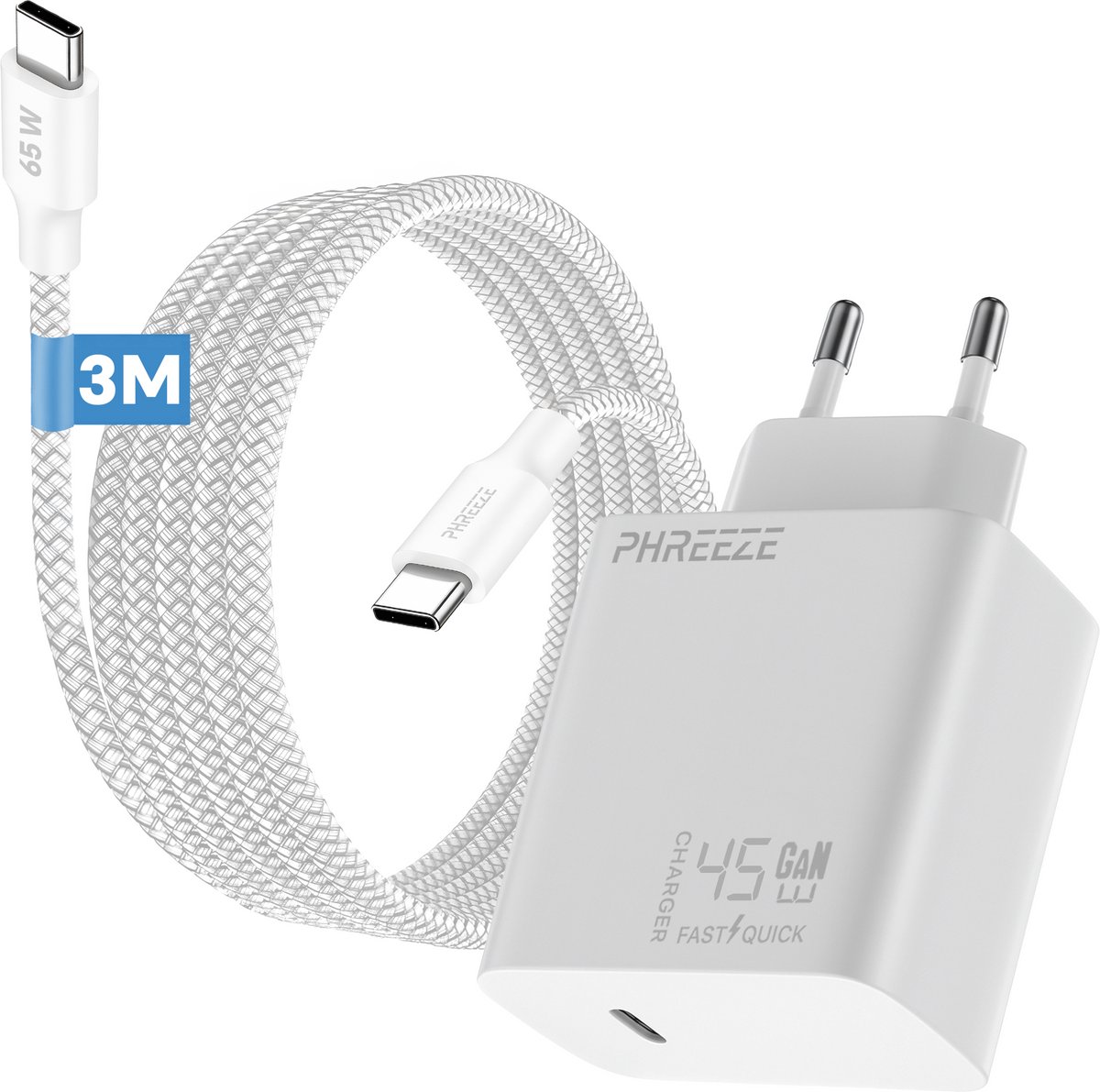 Phreeze usb C oplader 45 W - Fast charger - PPS oplader met kabel 3 meter - en tablet