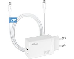 Phreeze usb C oplader 65w met usb C kabel - 2 meter - Fast charger met 2 usb C poorten - 65 watt power adapter voor laptop en telefoon