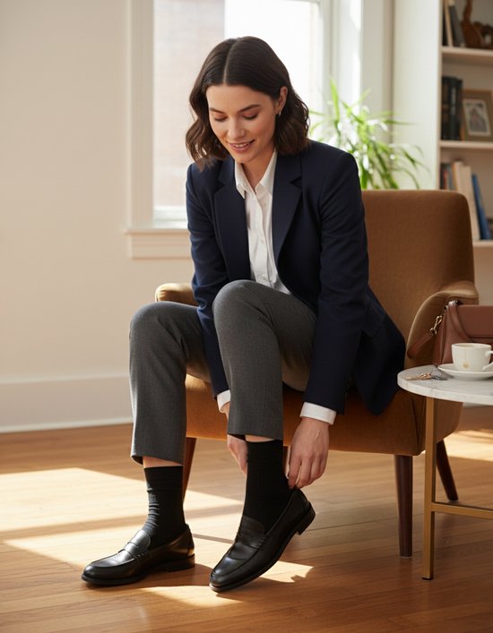Vrouw in marineblauw blazer, wit shirt en grijze broek, trekt zwarte loafers aan.