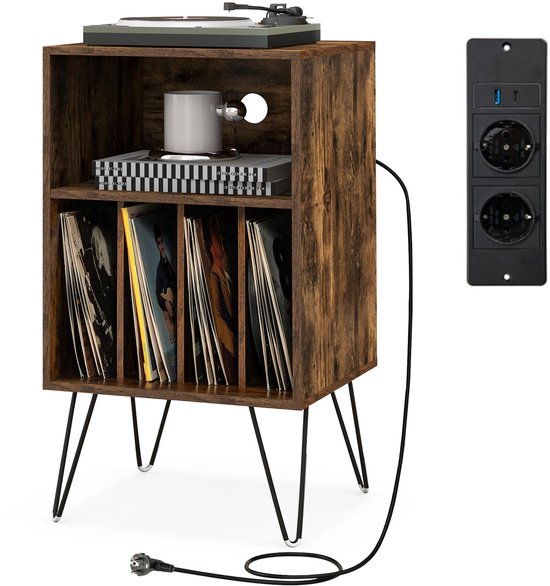 COSTWAY Platenspelerstandaard met laadstation, 3-traps platenstandaard, vinylplaten, opbergtafel met plank en 4 scheidingswanden voor woonkamer, 48 x 40 x 88 cm (wit