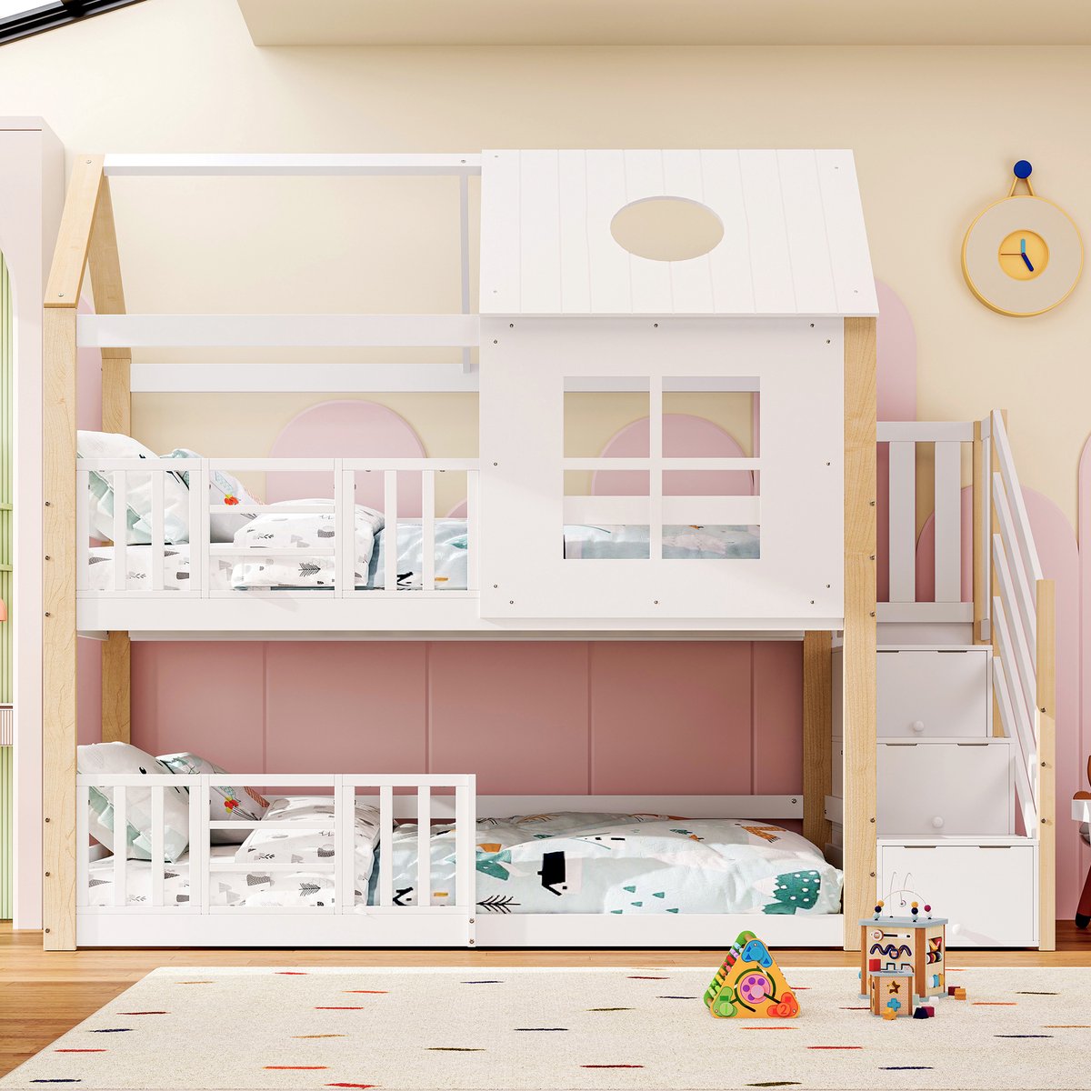 MODFU Kinderstapelbed 90x200 cm – Huisjesmodel – Trap met opbergruimte – Dak en raam – Veiligheidsreling – Wit/naturel