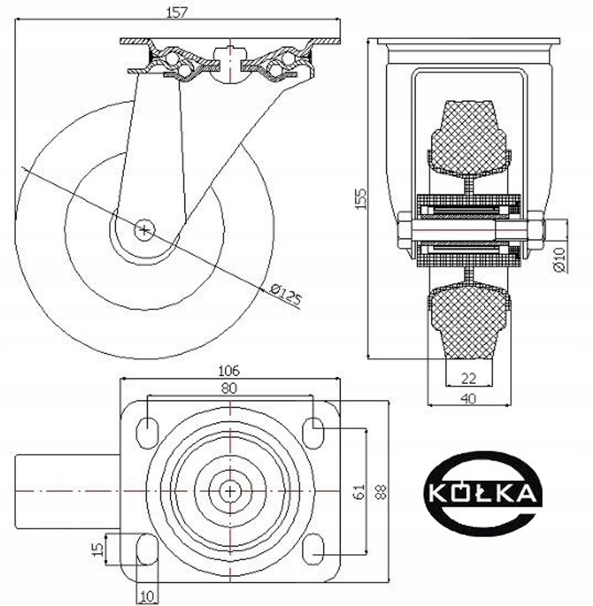 Zwenkwiel 125mm Rubber/Kunststof voor Meubels, Tafels, Kasten