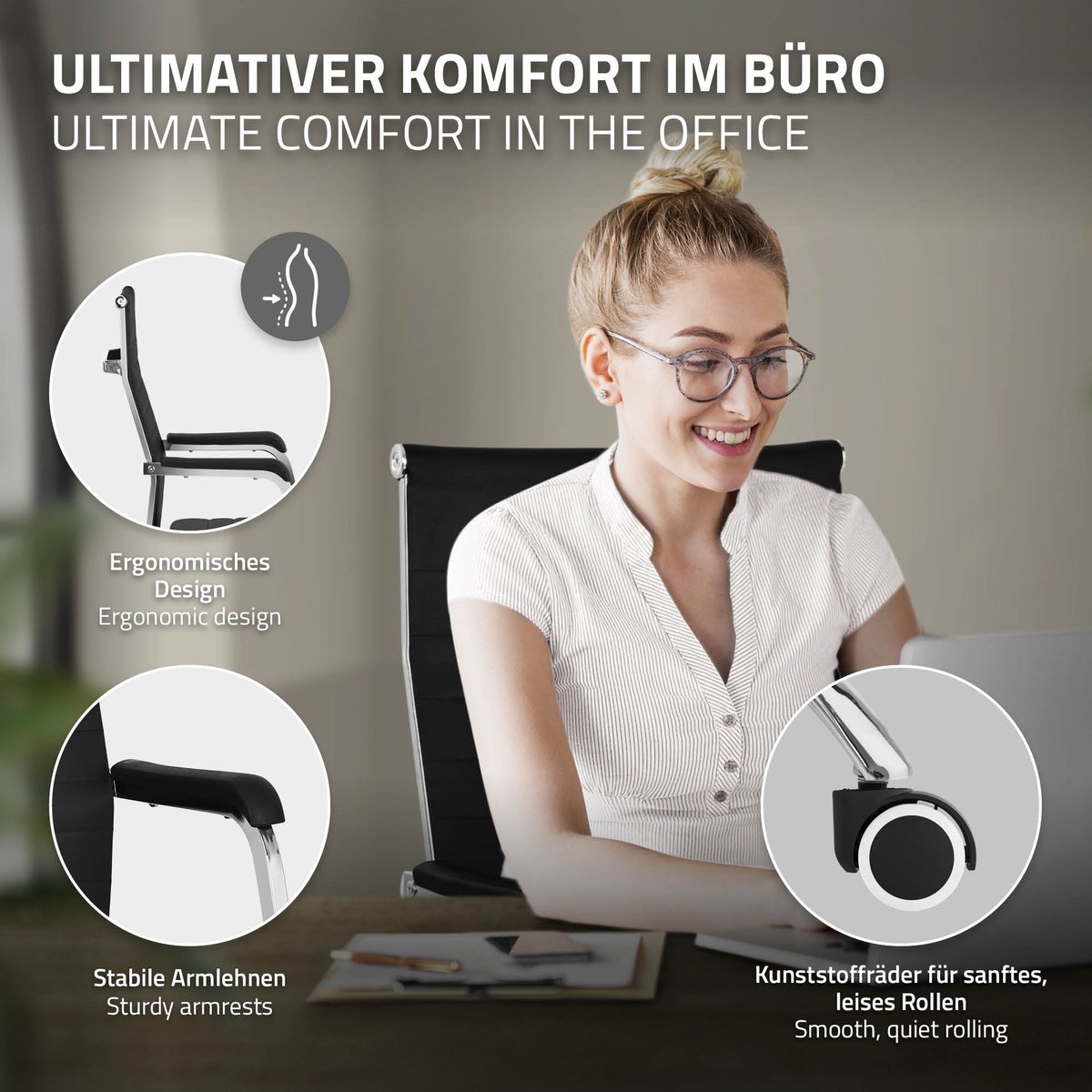 Ergonomische bureaustoel met armleuningen zwart met wielen & schommelfunctie ML design thumbnail 2