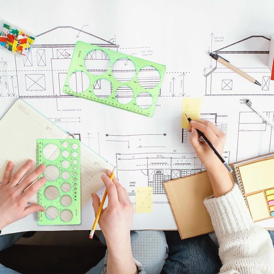 Cirkel- en ovaal sjabloon, 4-delige set, helder groene kunststof meetsjabloon, liniaal, geometrische liniaal voor kantoor en school, gebouwschaling, tekensjablonen