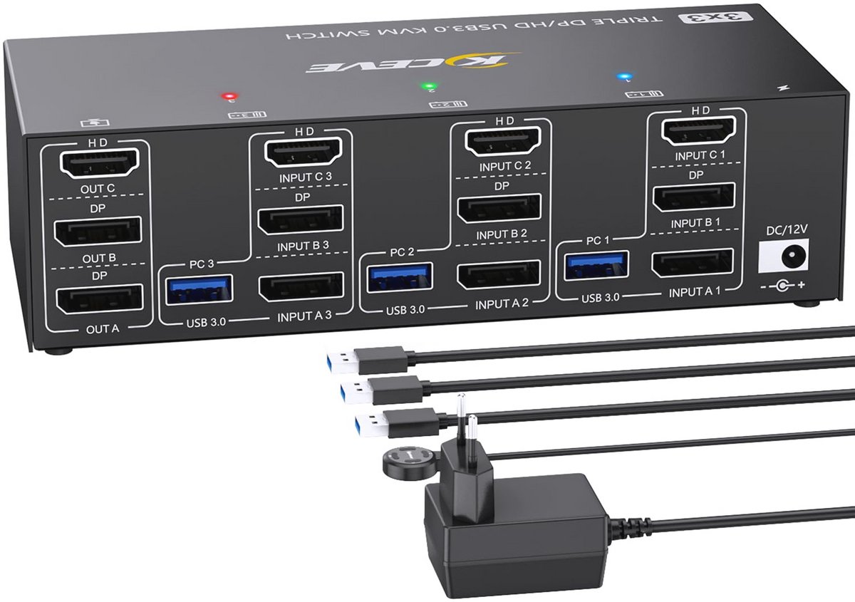 KVM Switch voor 3 PC's en 3 Monitoren met 8K@60Hz en 4K@144Hz