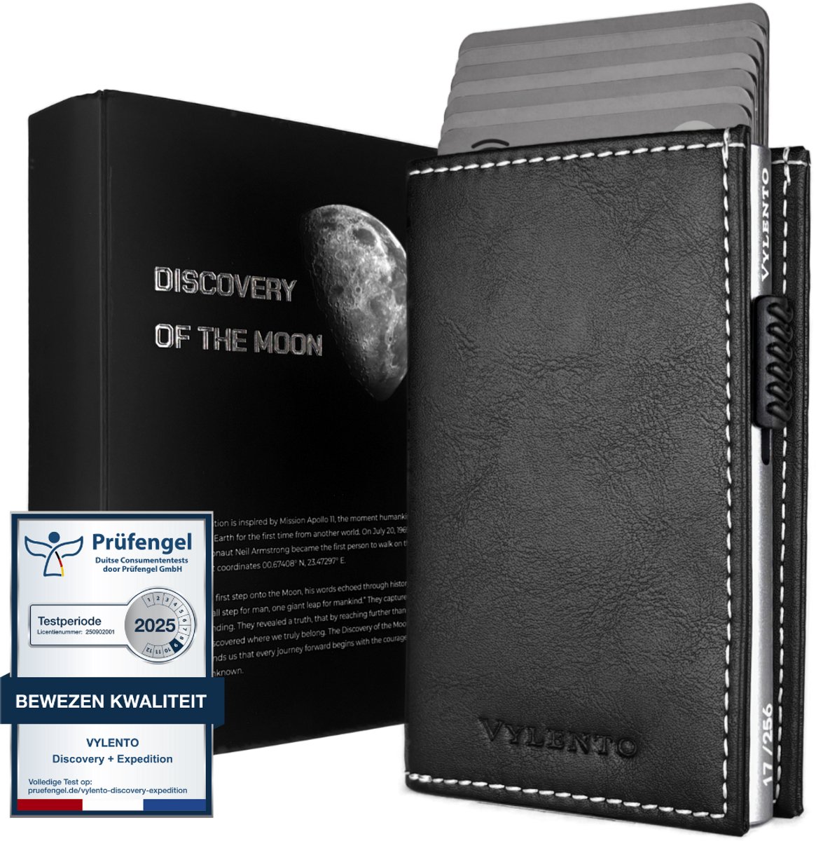 Vylento Discovery Limited Edition - Premium Pasjeshouder Uitschuifbaar - RFID Kaarthouder Mannen & Vrouwen - 10 pasjes - Muntvak met Rits en Geldvak - Inclusief Luxe Vaderdag Cadeaubox - Discovery Of The Moon