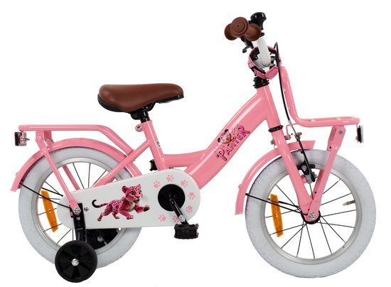 Roze 2Cycle Panter kinderfiets met bruin zadel, witte banden en panter-opdruk.
