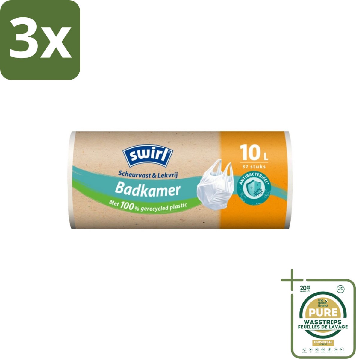 3 x Swirl – Vuilniszakken – 10 L – Handvatten – 37 zakken - Grootverpakking - Koffiezetapparaat