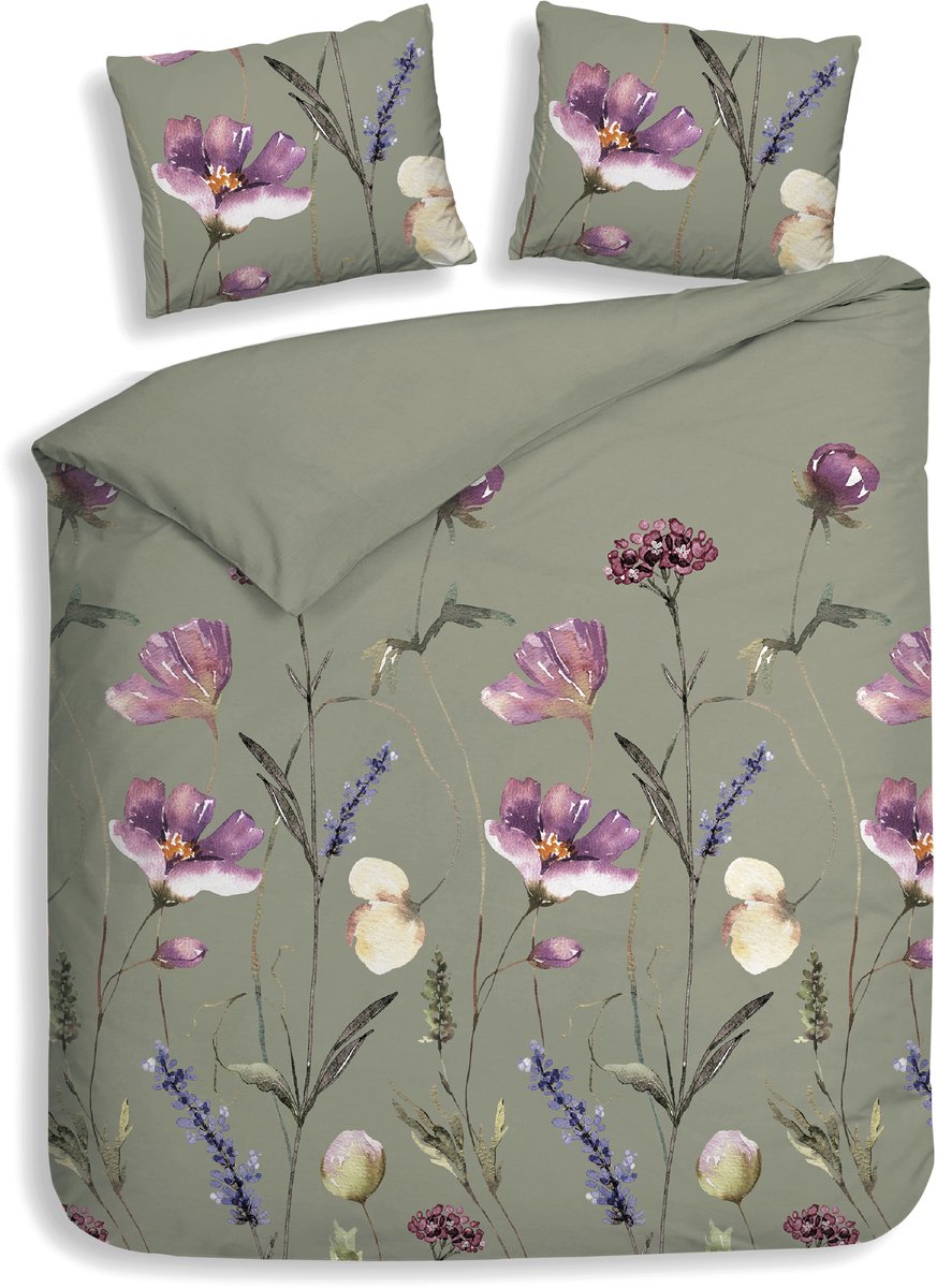 Heckettlane Dekbedovertrek Vico - Bedlinnen met Bloemen print - 240x200-220 cm - Lits-Jumeaux - Groen - Dekbedovertrek van 100% Katoen-Flanel Green