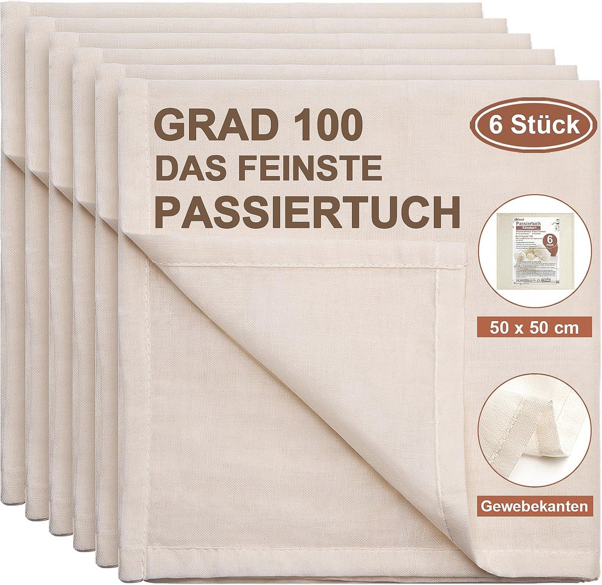 Hennep Cheesecloth voor Koken - Set van 6 Herbruikbare Kaasdoeken 50x50cm