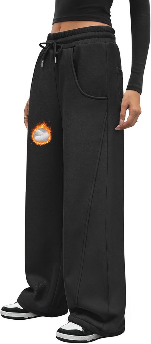 Dames Wijde Joggingbroek Katoen Stretch Hoge Taille Losse Fit Sportbroek met Zakken