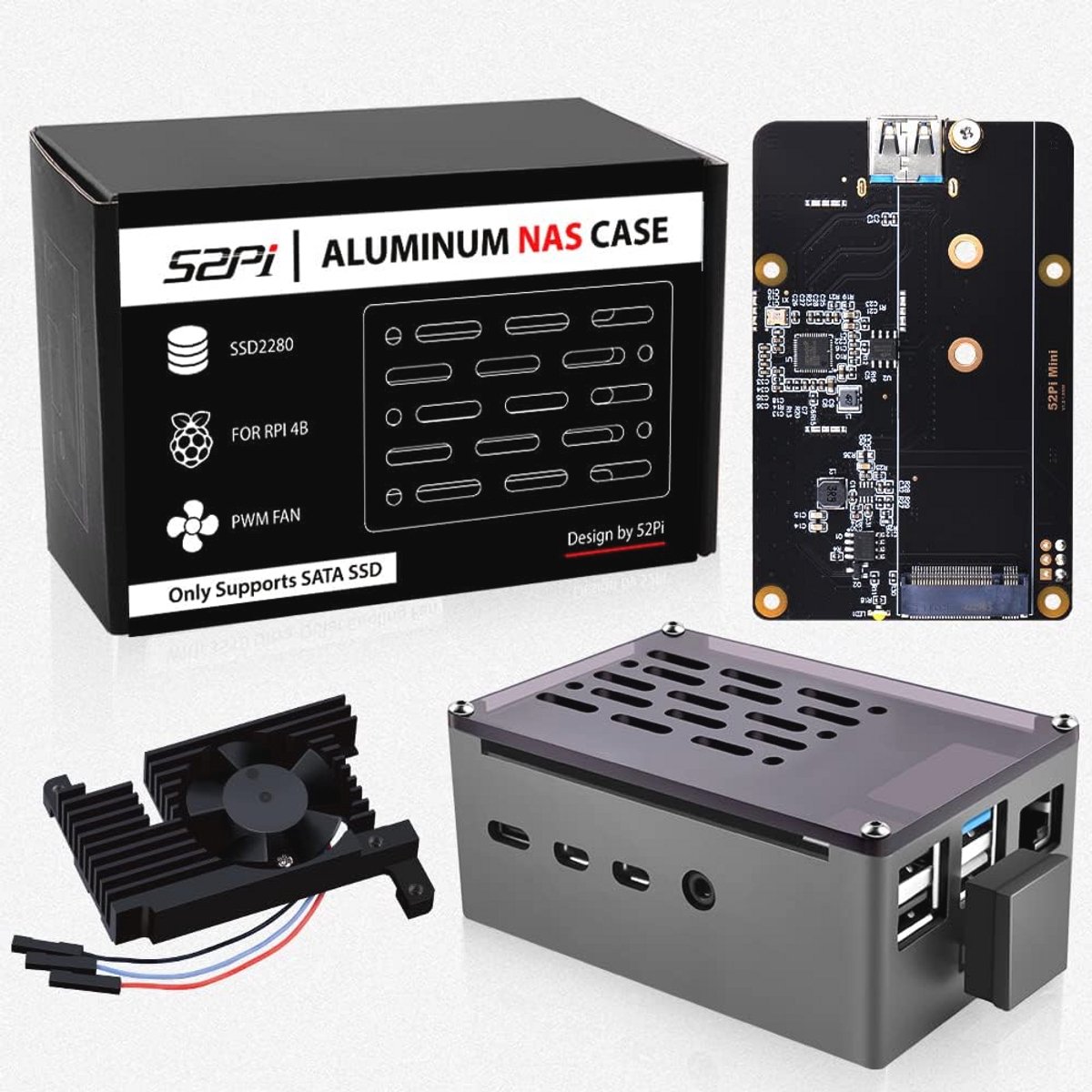 Aluminium NAS-behuizing voor Raspberry Pi 4 met PWM-ventilator en M.2 SATA SSD-adapter
