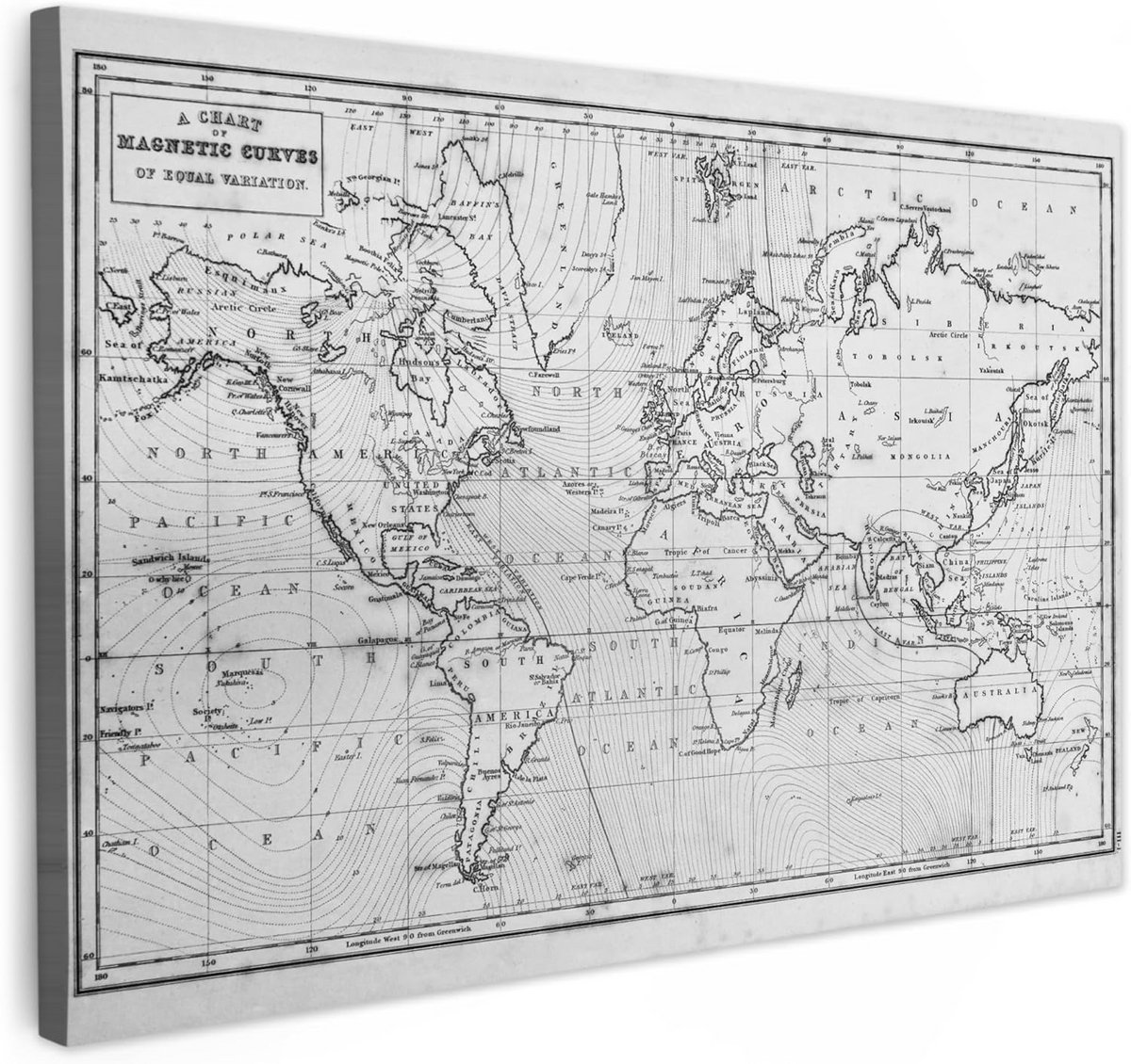 Canvas Schilderij Wereldkaart Grijs Vintage 120x80cm - Wanddecoratie Woonkamer Slaapkamer