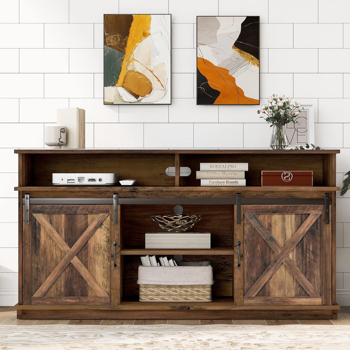 Grote TV Kast met Schuifdeuren – Industrieel Lowboard voor Woonkamer tot 65 Inch