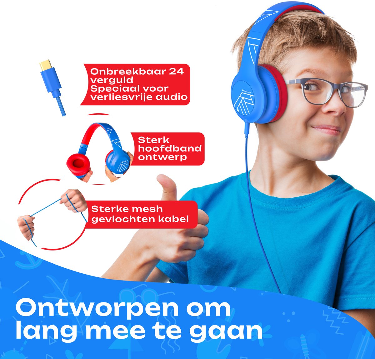 PowerLocus PLED Wired Kinder Koptelefoon met Draad USB-C - Koptelefoon voor kinderen - Veilig volume van 85dB en 94dB - Hoofdtelefoon - Met microfoon - Sharing Audio Functie - USB-C Blauw/Rood — afbeelding 3