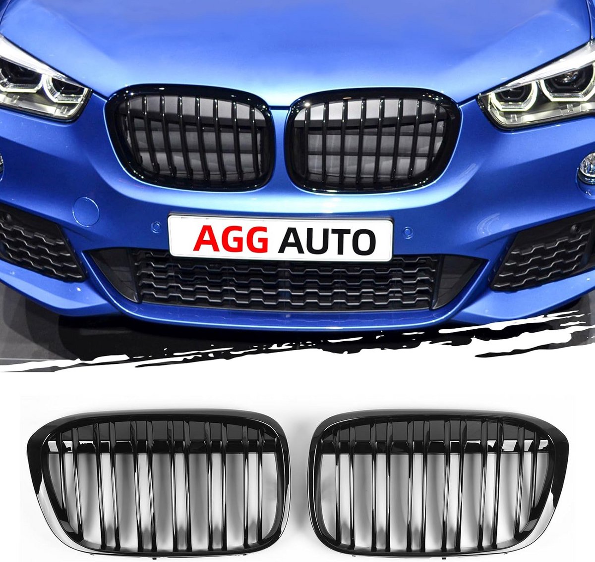 Glanzend zwarte radiatorgrill voor BMW X1 2016-2019, 6-dubbele staaf