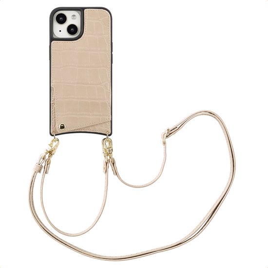 Coque Selencia - Adaptée à iPhone 15 - Coque arrière Nova Croco avec cordon et porte-cartes - Beige