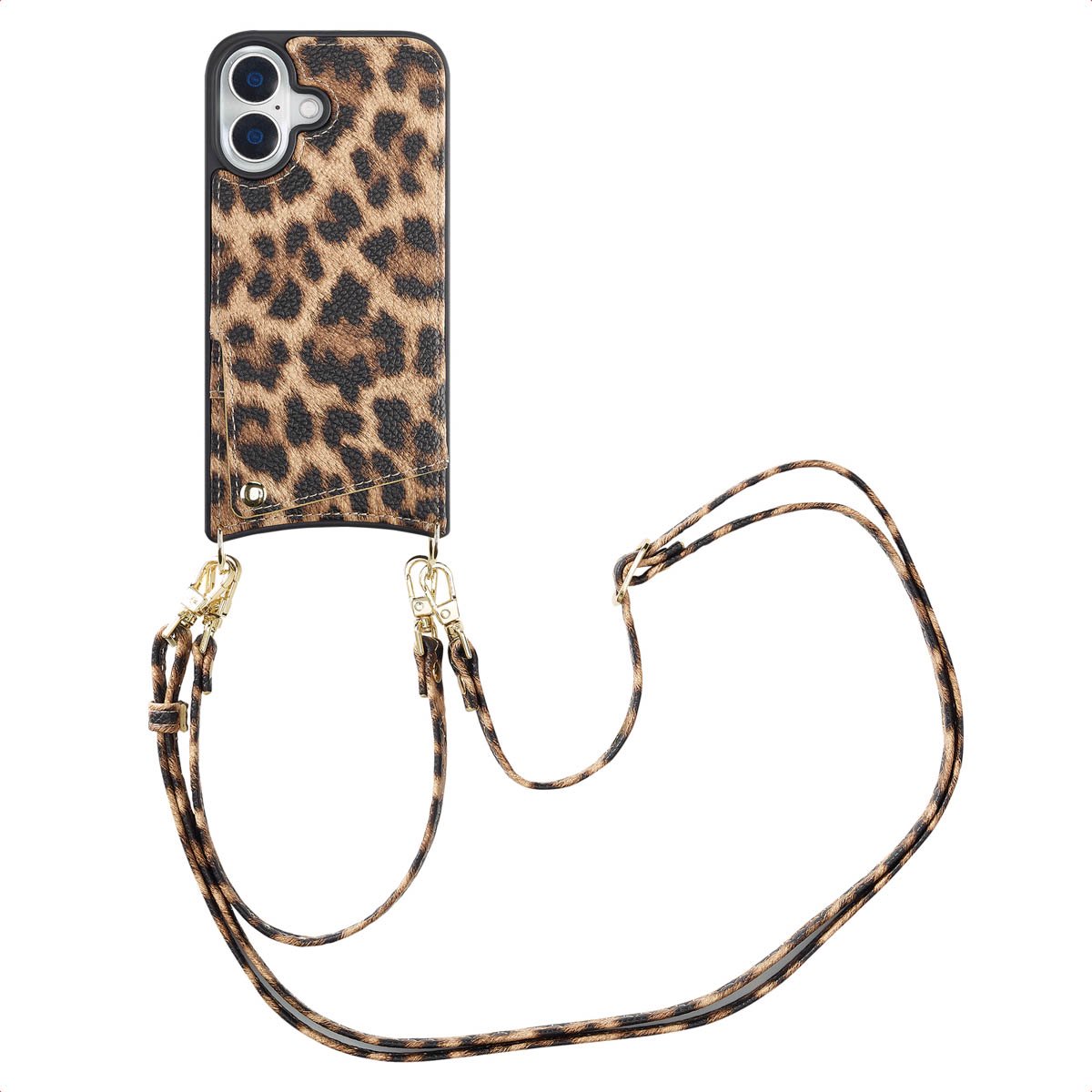 Selencia Hoesje - Geschikt voor Apple iPhone 16 - Backcover met koord en pashouder - Leopard