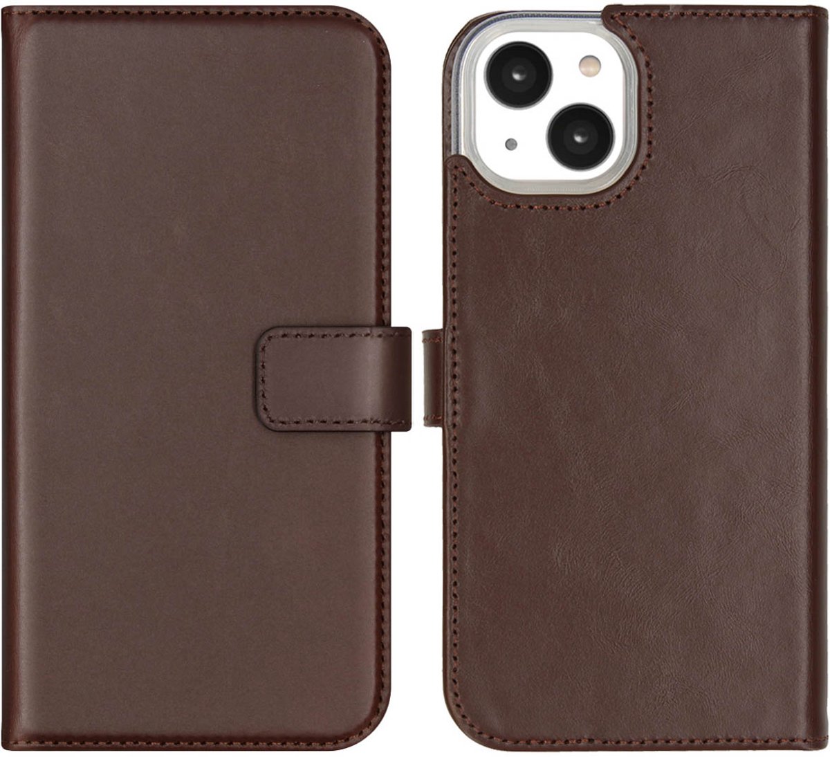 Selencia Hoesje - Geschikt voor Apple iPhone 14 - Echt Lederen Bookcase - Bruin