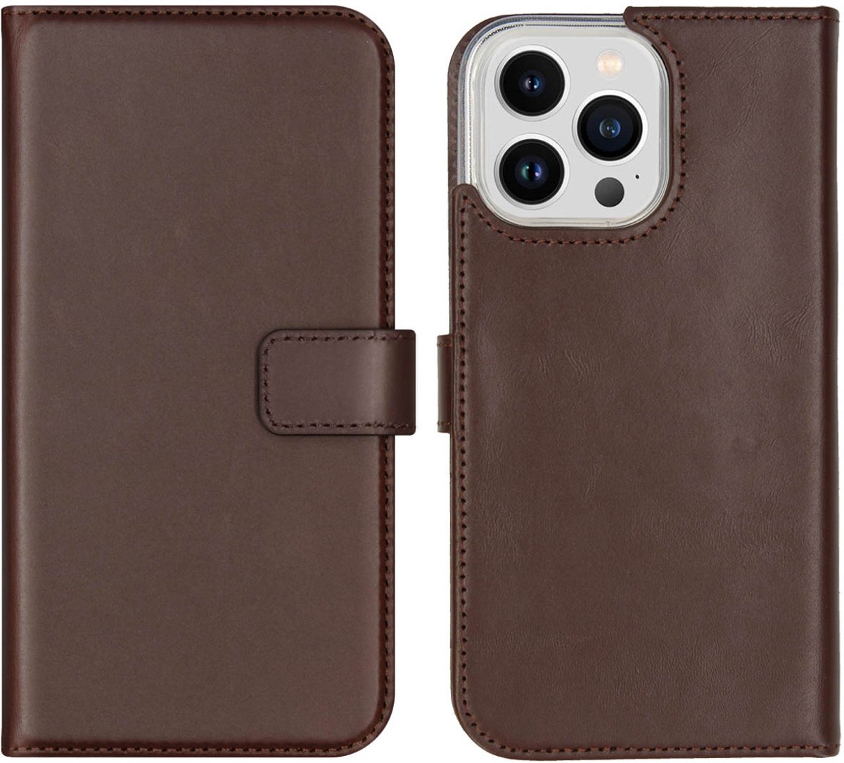 Selencia Hoesje - Geschikt voor Apple iPhone 14 Pro Max - Echt Lederen Bookcase - Bruin