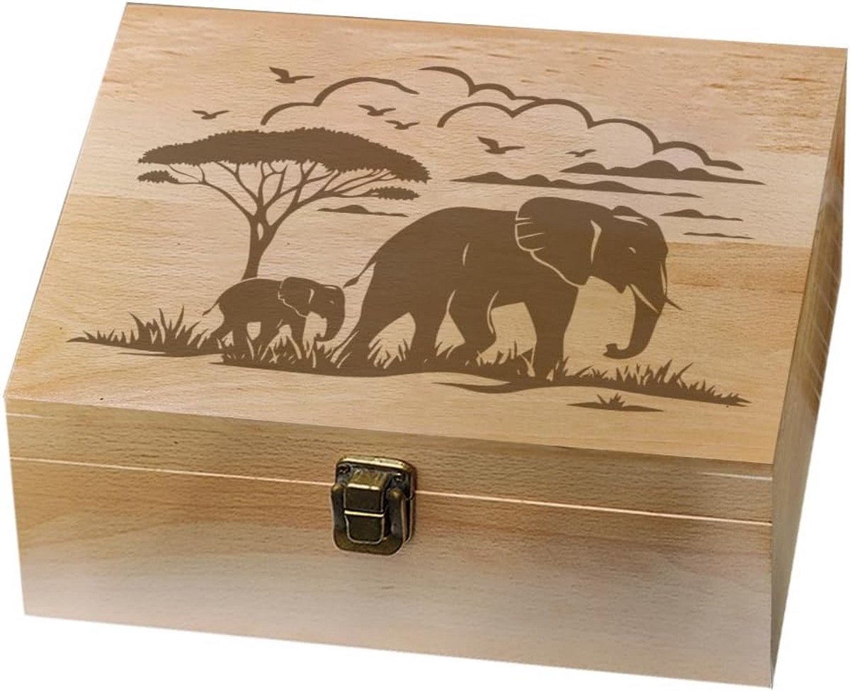 Houten Herinneringsdoos met Olifantenmotief en Slot