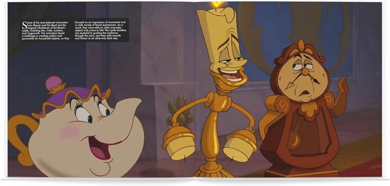 Personages uit Beauty and the Beast: Mrs. Potts, Lumière en Cogsworth op een interieur scène.