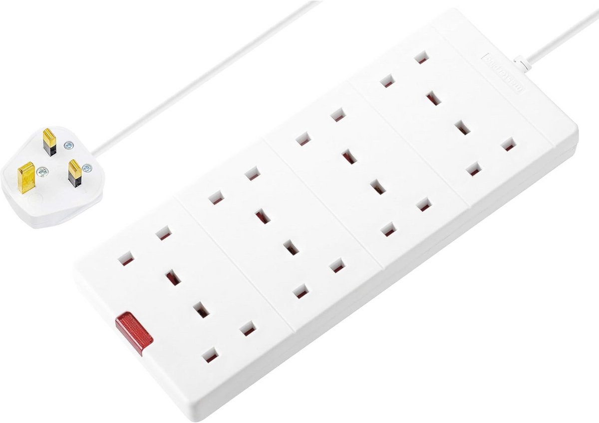 Verlengkabel met 8 Stopcontacten en Stroomindicator - 2 Meter Wit