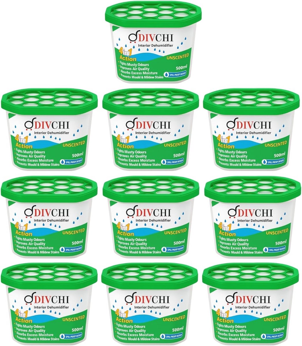 DIVCHI Set van 10 x 500 ml Interieur Luchtontvochtigers - voor Stop Vocht, Schimmel, Schimmel, Condensatie Vochtabsorberende Remover in Thuis Keuken Garage Slaapkamer Caravan Kantoor Garage Badkamer